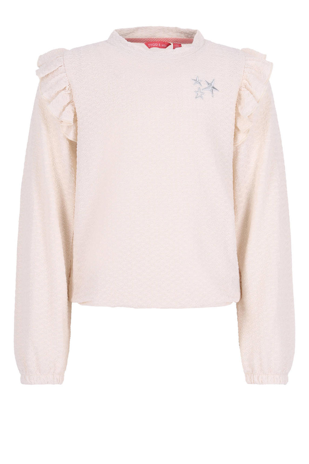 Ecru meisjes TYGO & vito blousetop van polyester met effen, lange mouwen, ronde hals en ruches