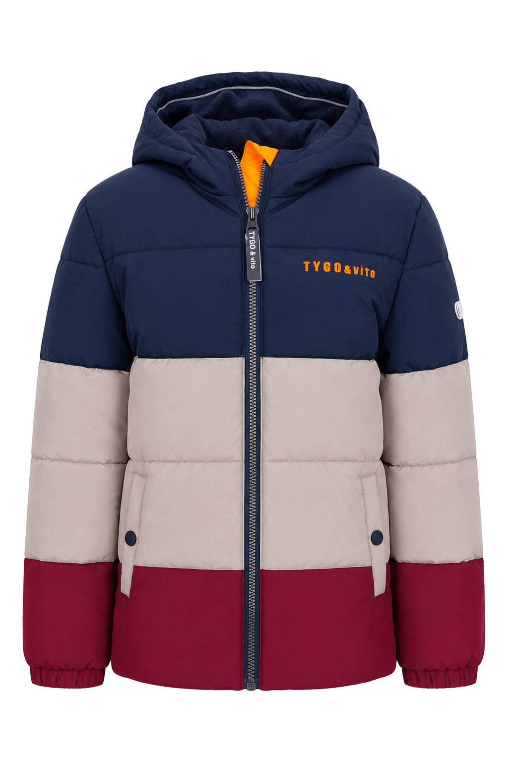 Donkerblauw, ecru en rode jongens TYGO & vito gewatteerde winterjas van polyester met meerkleurige print, lange mouwen, capuchon en ritssluiting