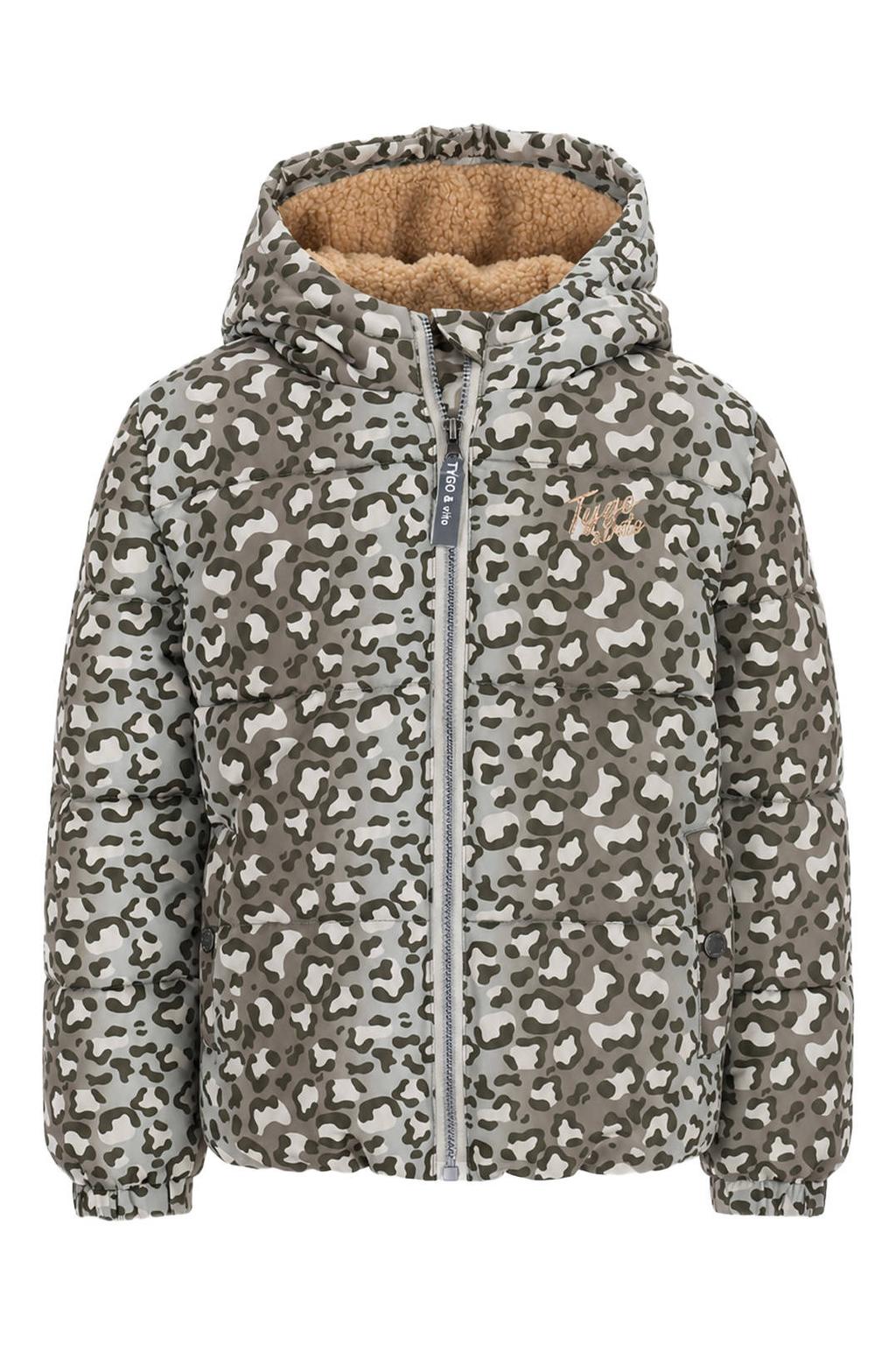 Grijze meisjes TYGO & vito gewatteerde winterjas van polyester met dierenprint, lange mouwen, capuchon en ritssluiting