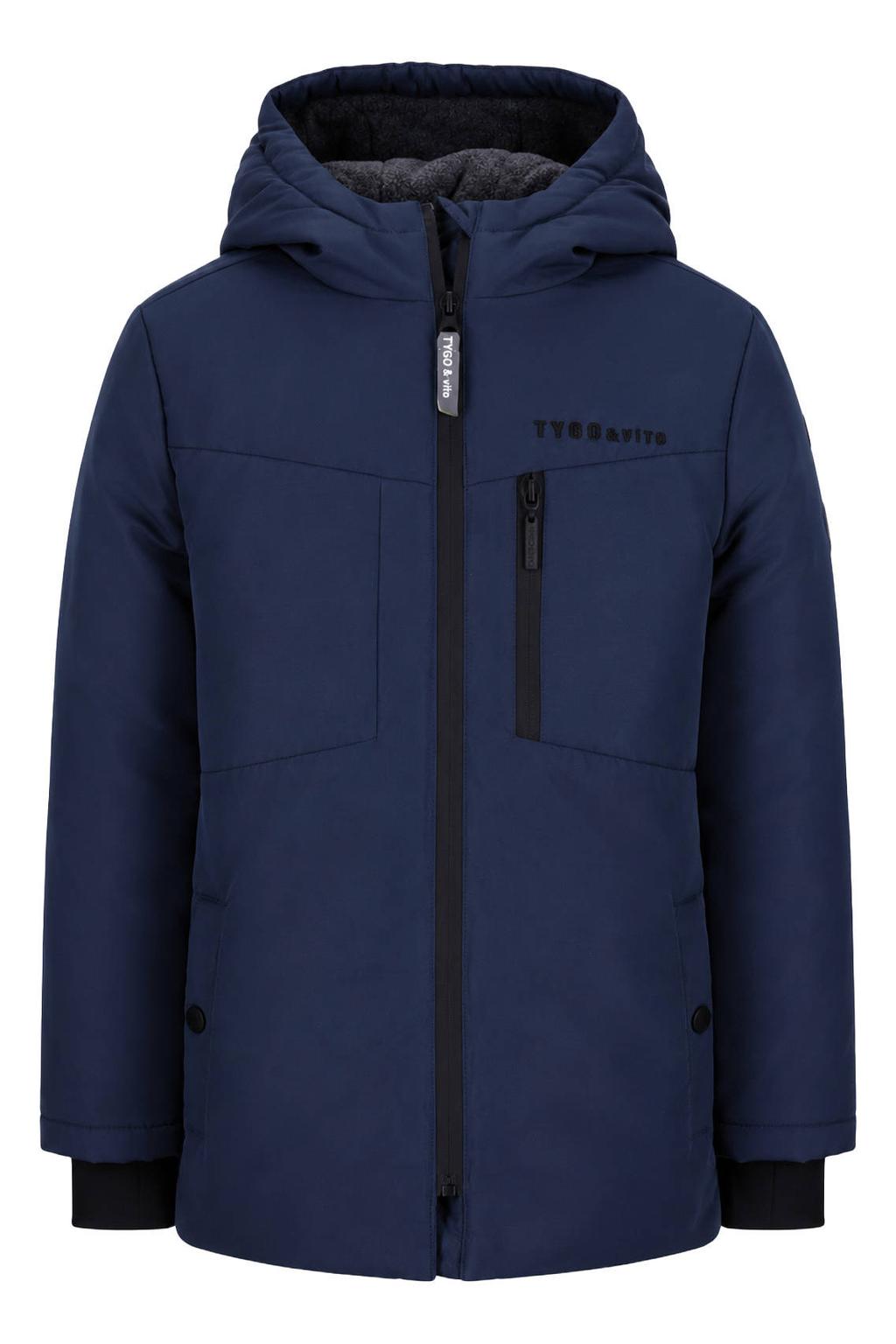 Donkerblauwe jongens TYGO & vito winterparka van polyester met effen, lange mouwen, capuchon en ritssluiting