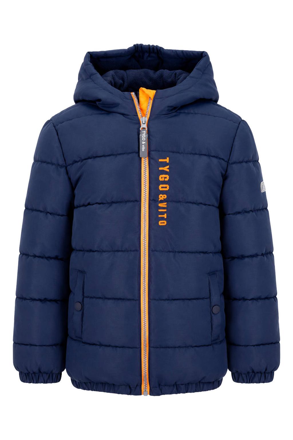 Donkerblauwe jongens TYGO & vito gewatteerde winterjas van polyester met logo dessin, lange mouwen, capuchon en ritssluiting