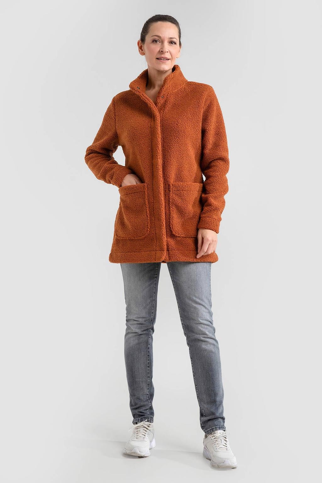 Bruine dames Life-Line teddy jas van polyester met effen, lange mouwen, capuchon en knoopsluiting
