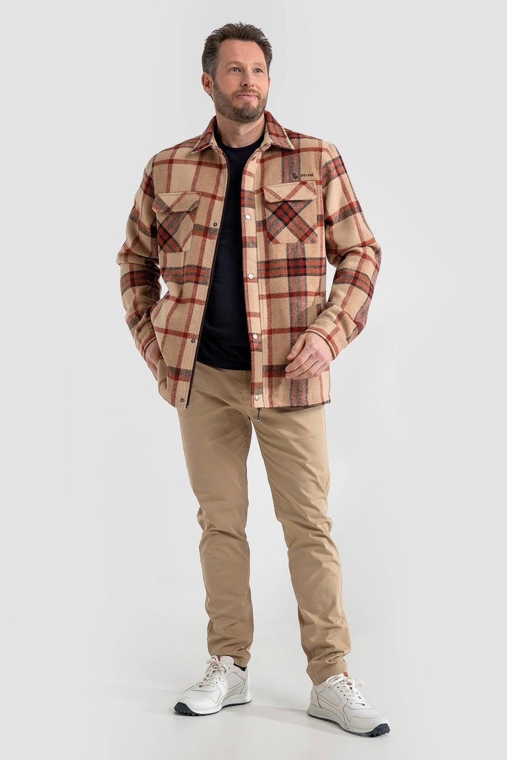 heren Life-Line geruit overshirt van polyester met lange mouwen en klassieke kraag