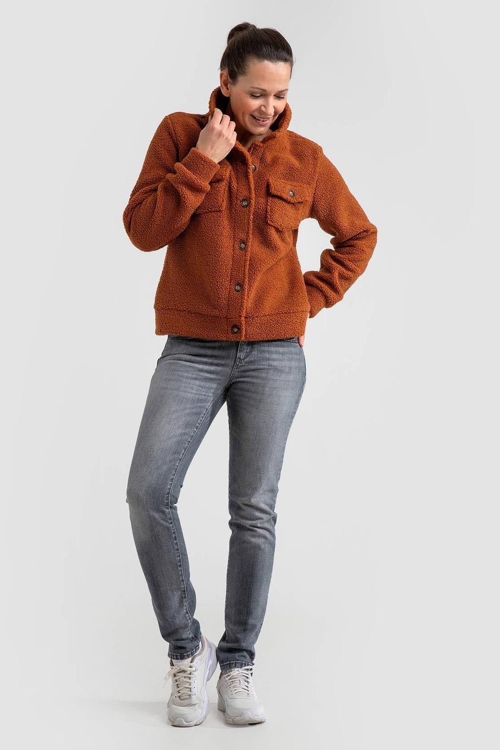 Bruine dames Life-Line fleece teddy jas van polyester met lange mouwen, capuchon en knoopsluiting