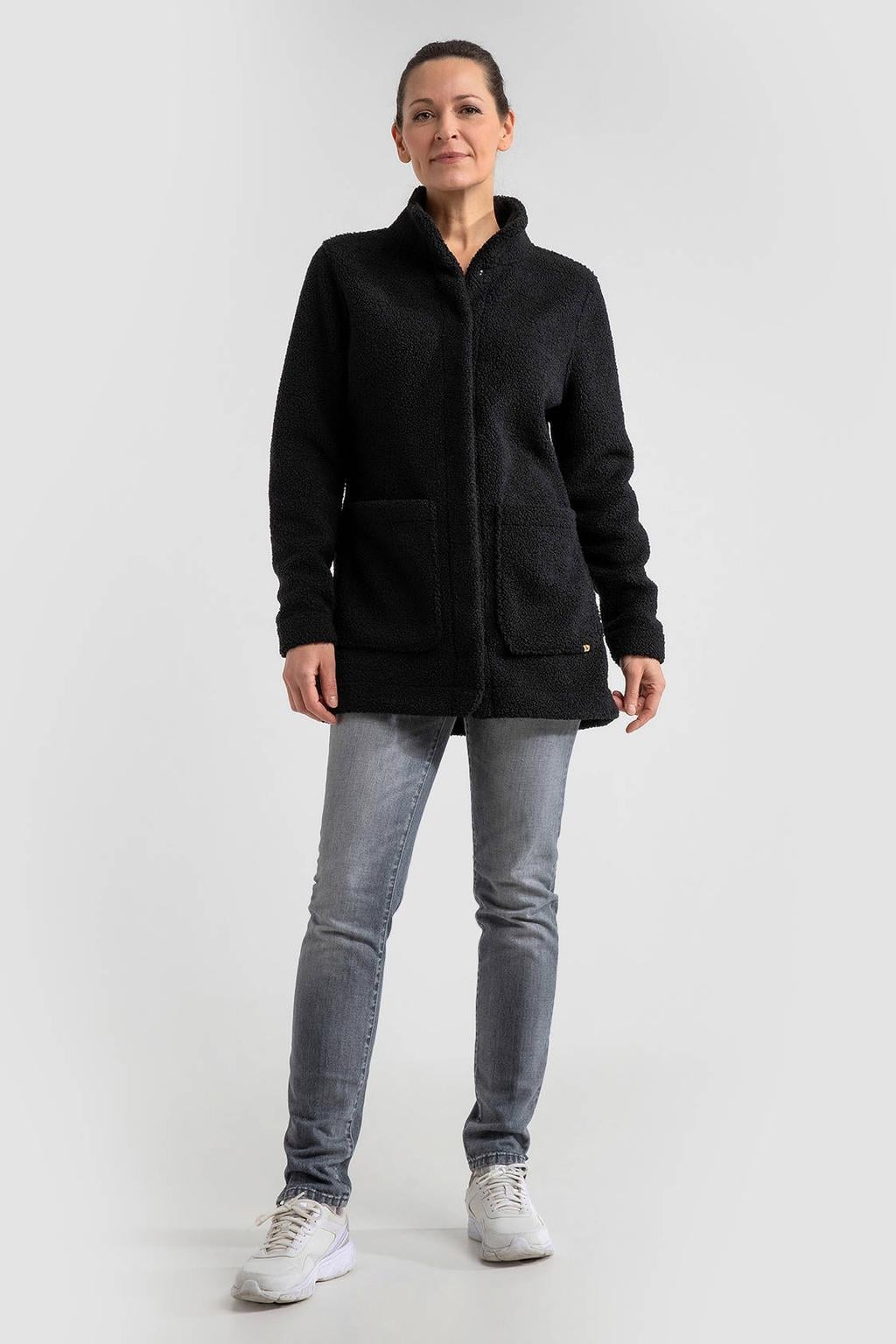 Zwarte dames Life-Line teddy jas van polyester met effen, lange mouwen, capuchon en knoopsluiting
