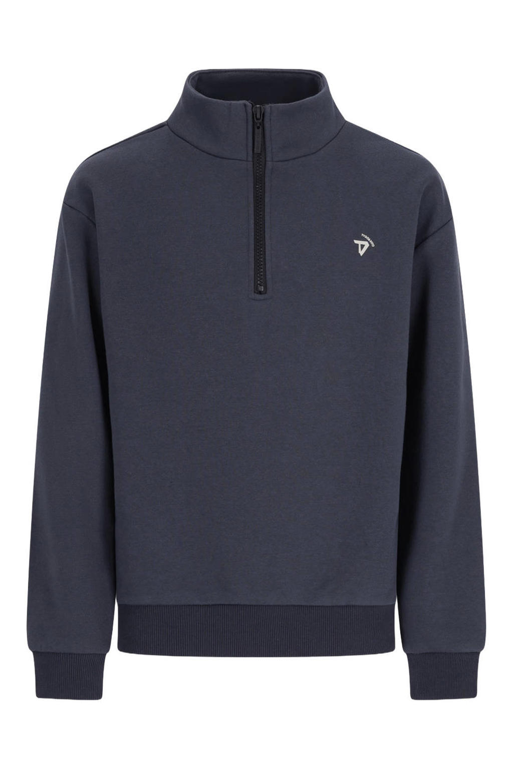 Donkerblauwe jongens TYGO & vito NextGen sweater met effen, lange mouwen, opstaande kraag, halve rits en geribde boorden