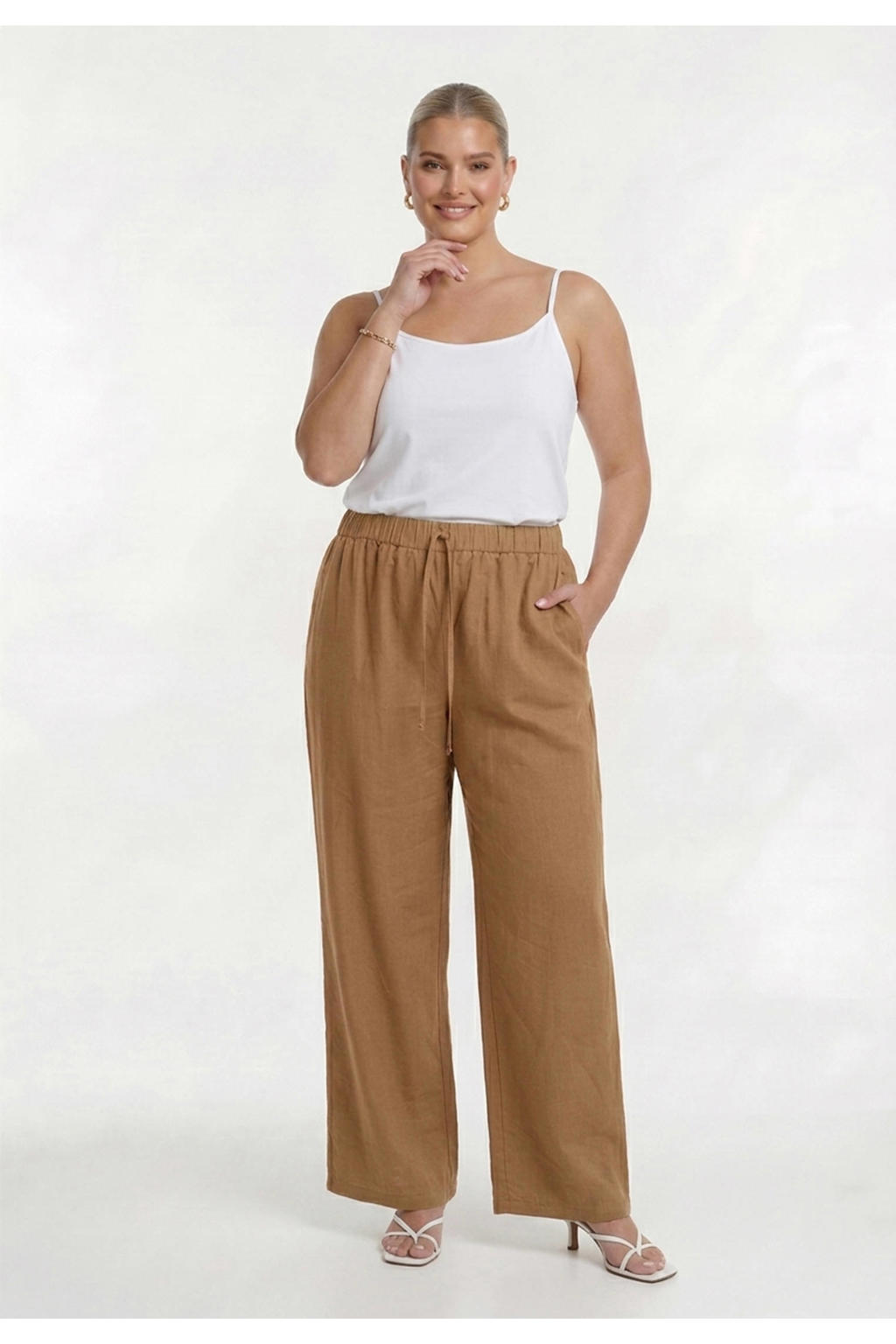 YOEK wide leg regular waist broek met linnen lichtbruin