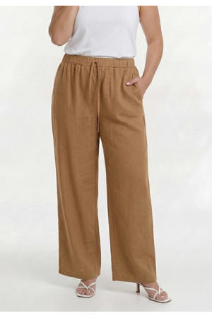 wide leg regular waist broek met linnen lichtbruin