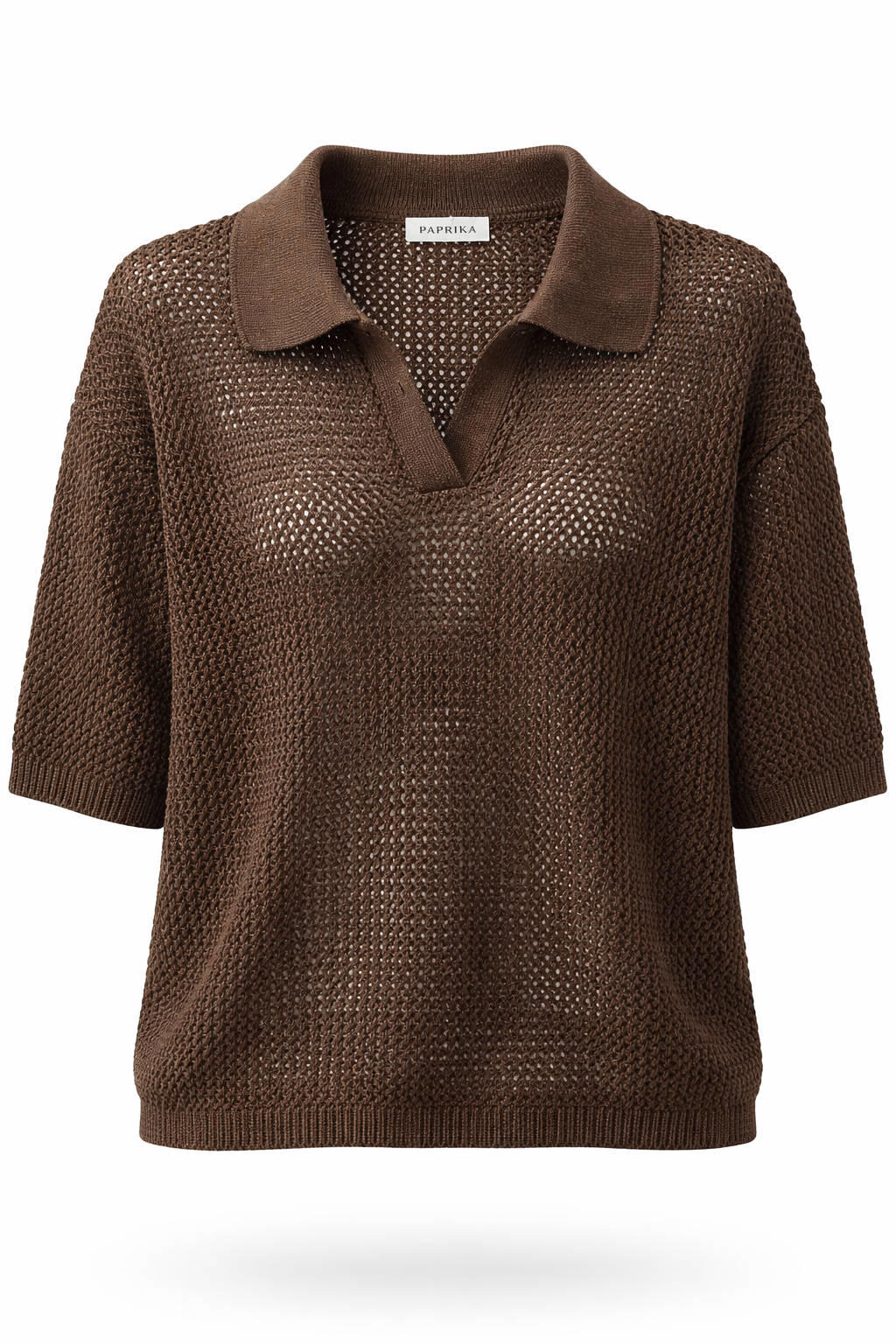 Bruine dames Paprika top van acryl met effen, korte mouwen en klassieke kraag
