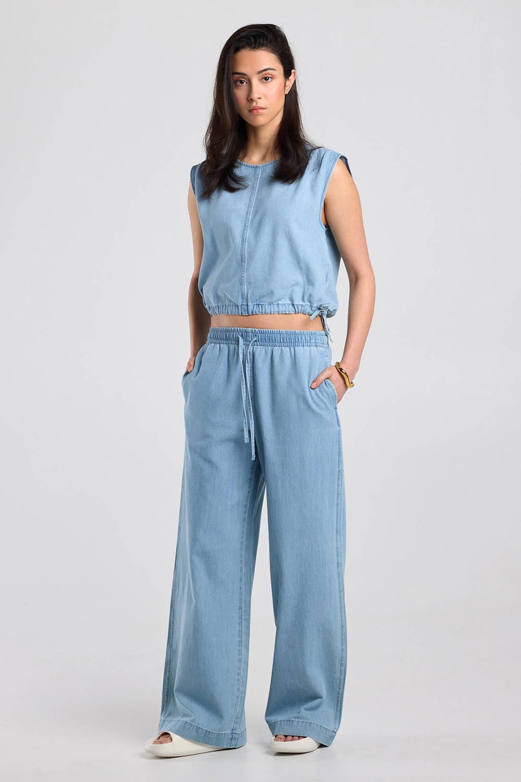 Light blue denim dames America Today wide leg low waist broek van katoen met elastische tailleband met koord en effen