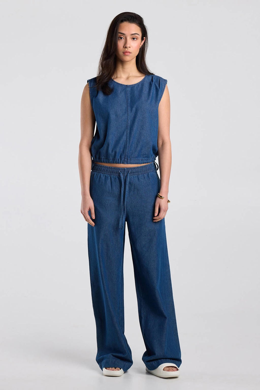 Medium blue denim dames America Today wide leg low waist broek van katoen met elastische tailleband met koord en effen