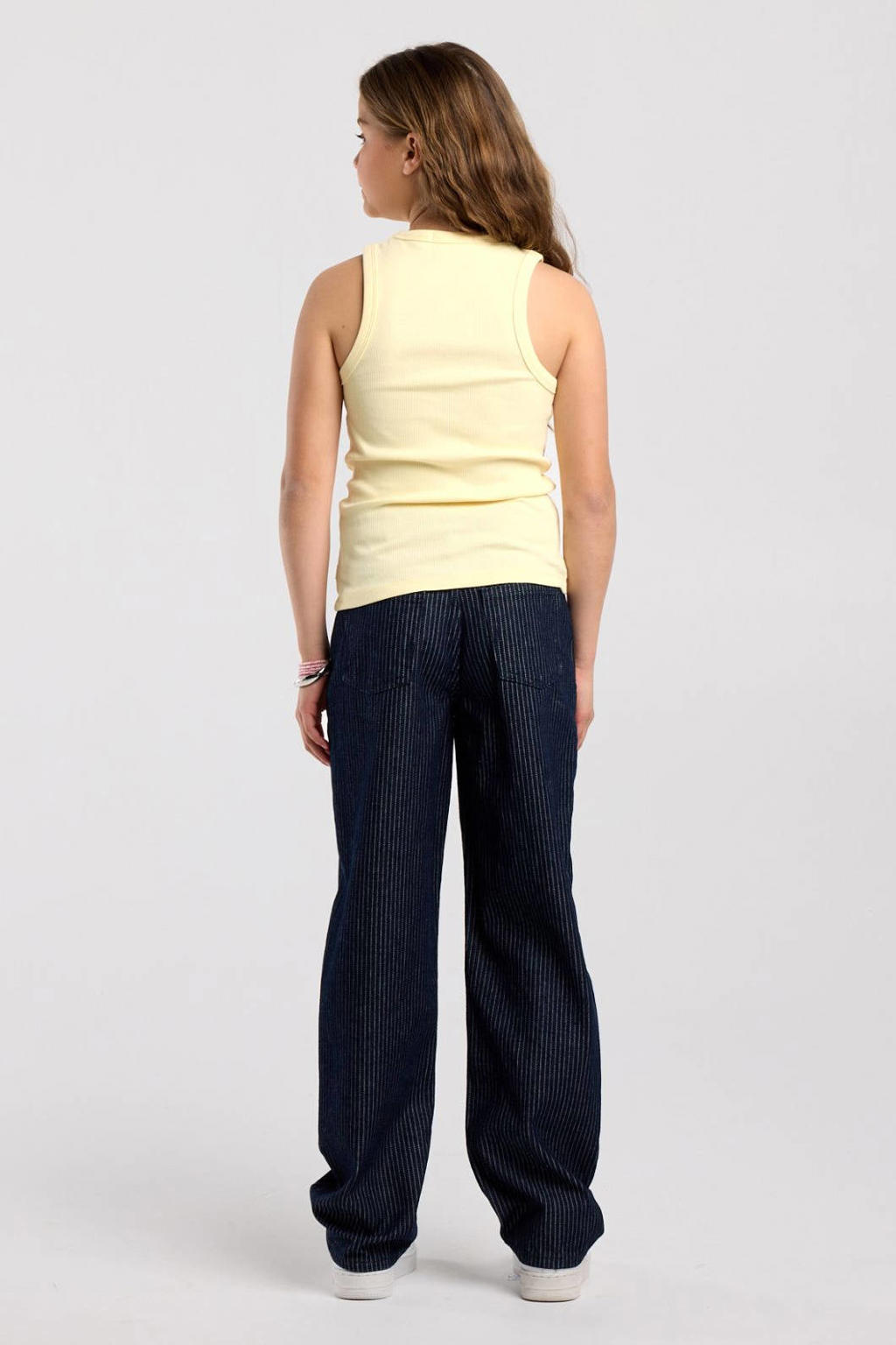 Dark blue denim meisjes America Today high waist wide leg jeans van denim met rits- en knoopsluiting en krijtstreepprint