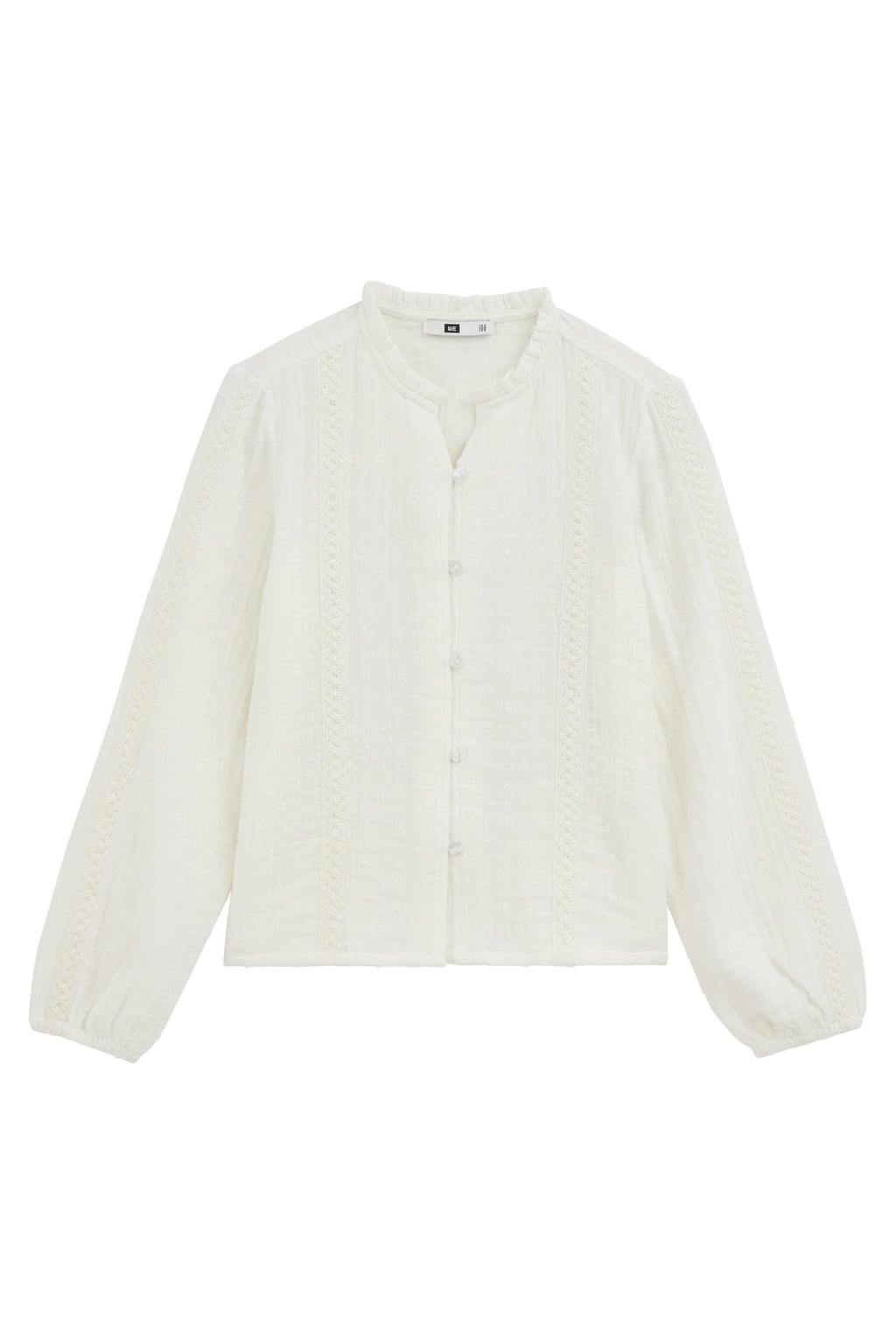 Ecru meisjes WE Fashion blouse van katoen met effen, lange mouwen, V-hals en knoopsluiting