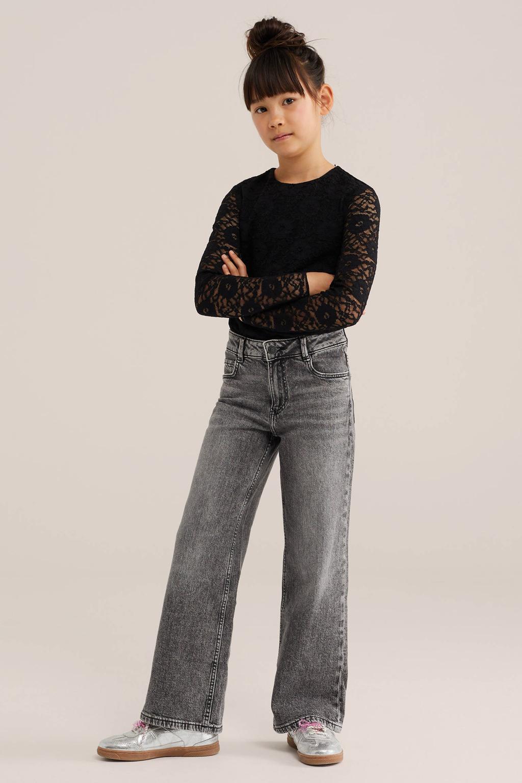 Zwarte meisjes WE Fashion blousetop van polyester met effen, lange mouwen, ronde hals, knoopsluiting en kant