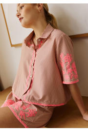 thumbnail: Roze en ecru dames LOLALIZA gestreepte blouse van polyester met klassieke kraag, knoopsluiting en borduursels