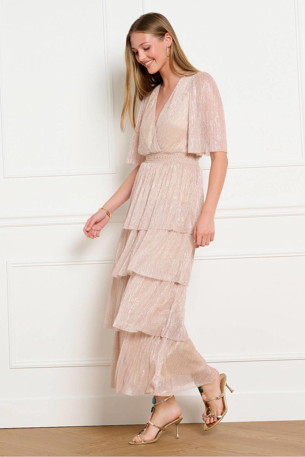 Beige dames LOLALIZA maxi jurk van polyester met effen, korte mouwen en overslagkraag