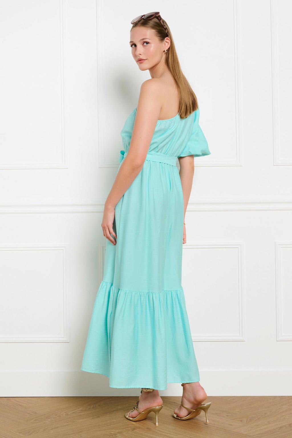 Blauwe dames LOLALIZA maxi jurk van polyester met effen, korte mouwen, one shoulder en strikje