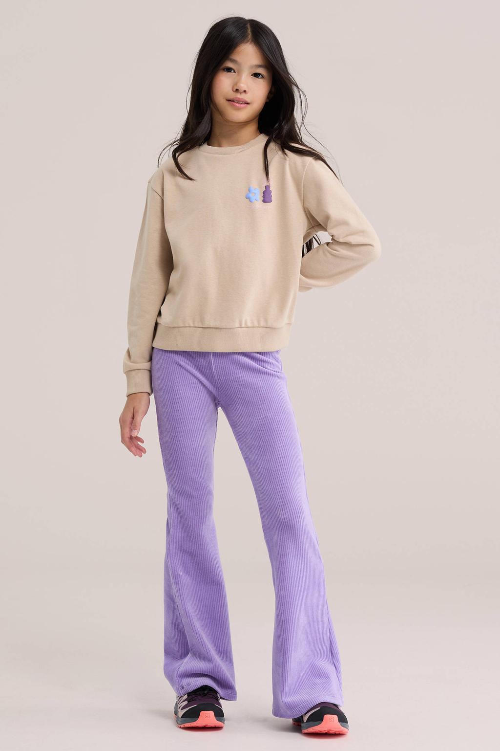 Paarse meisjes WE Fashion fluwelen flared broek met elastische tailleband