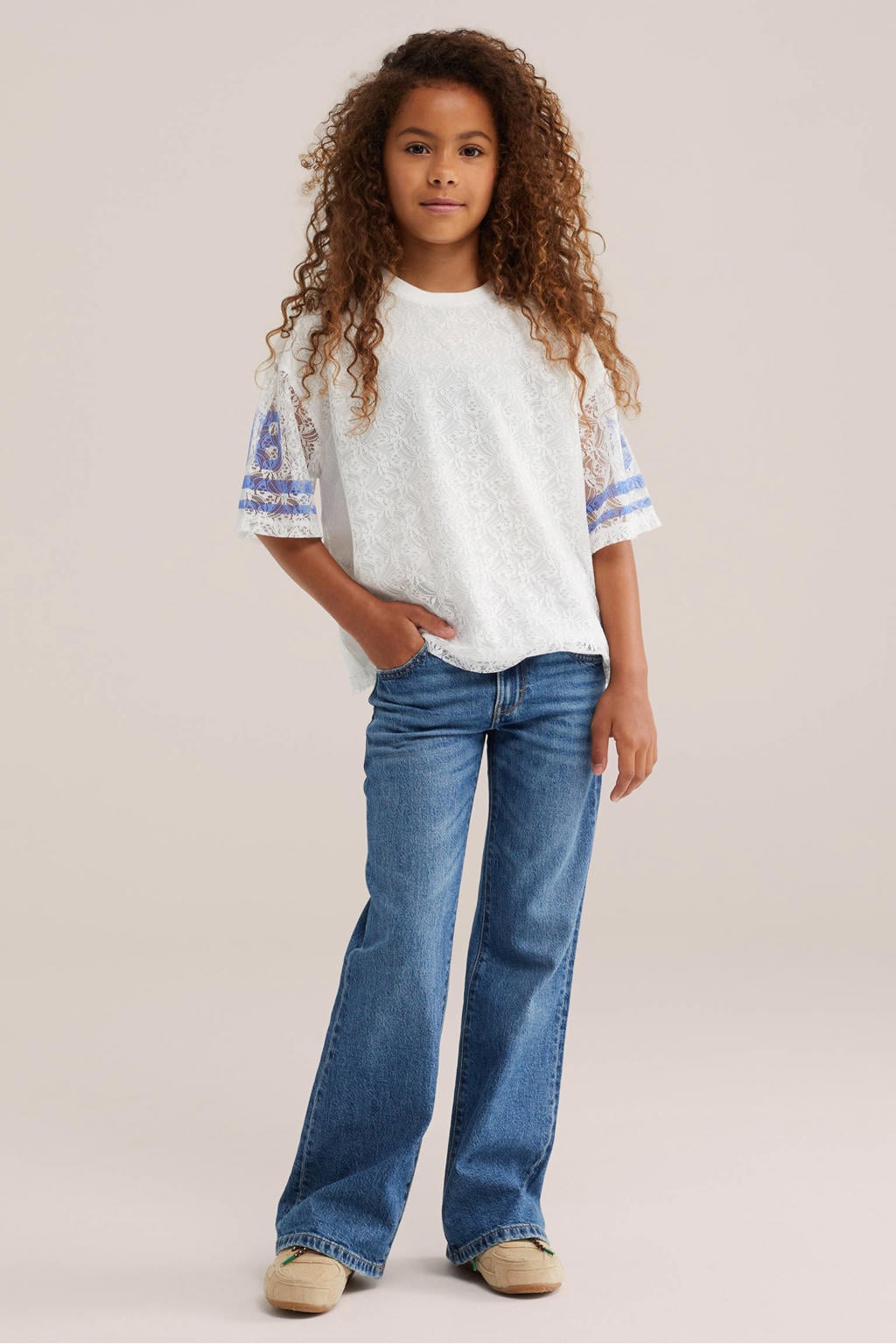 Medium blue denim meisjes WE Fashion Blue Ridge straight leg jeans van denim met rits- en knoopsluiting en effen