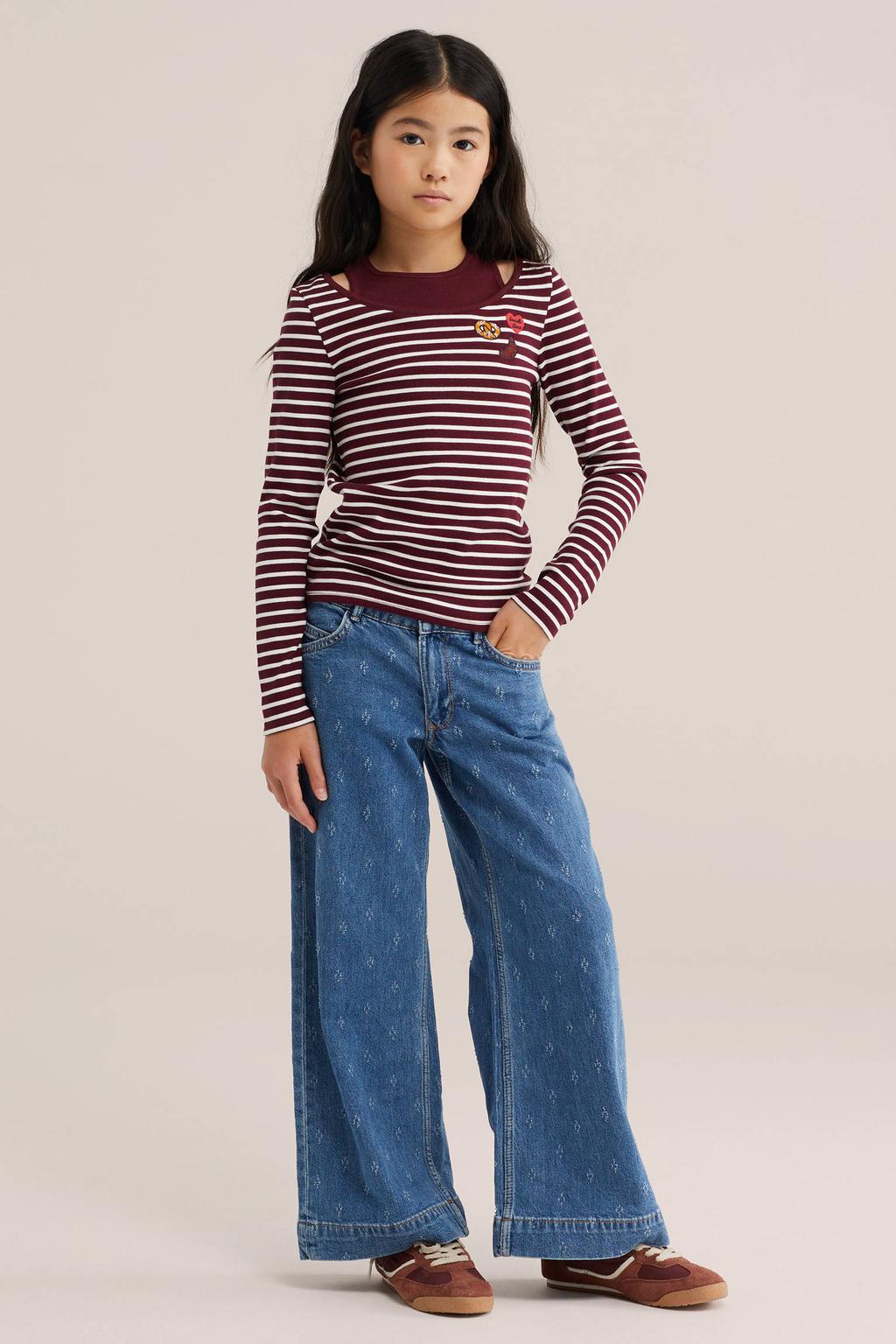 Medium blue denim meisjes WE Fashion Blue Ridge wide leg jeans van denim met rits- en knoopsluiting en effen