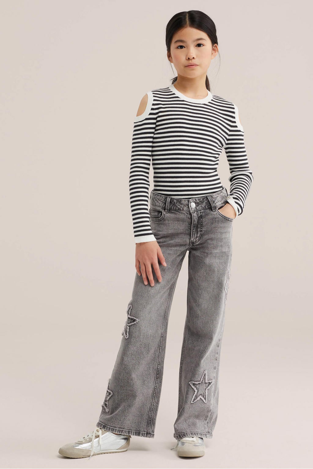 Grey denim meisjes WE Fashion wide leg jeans van denim met rits- en knoopsluiting en effen