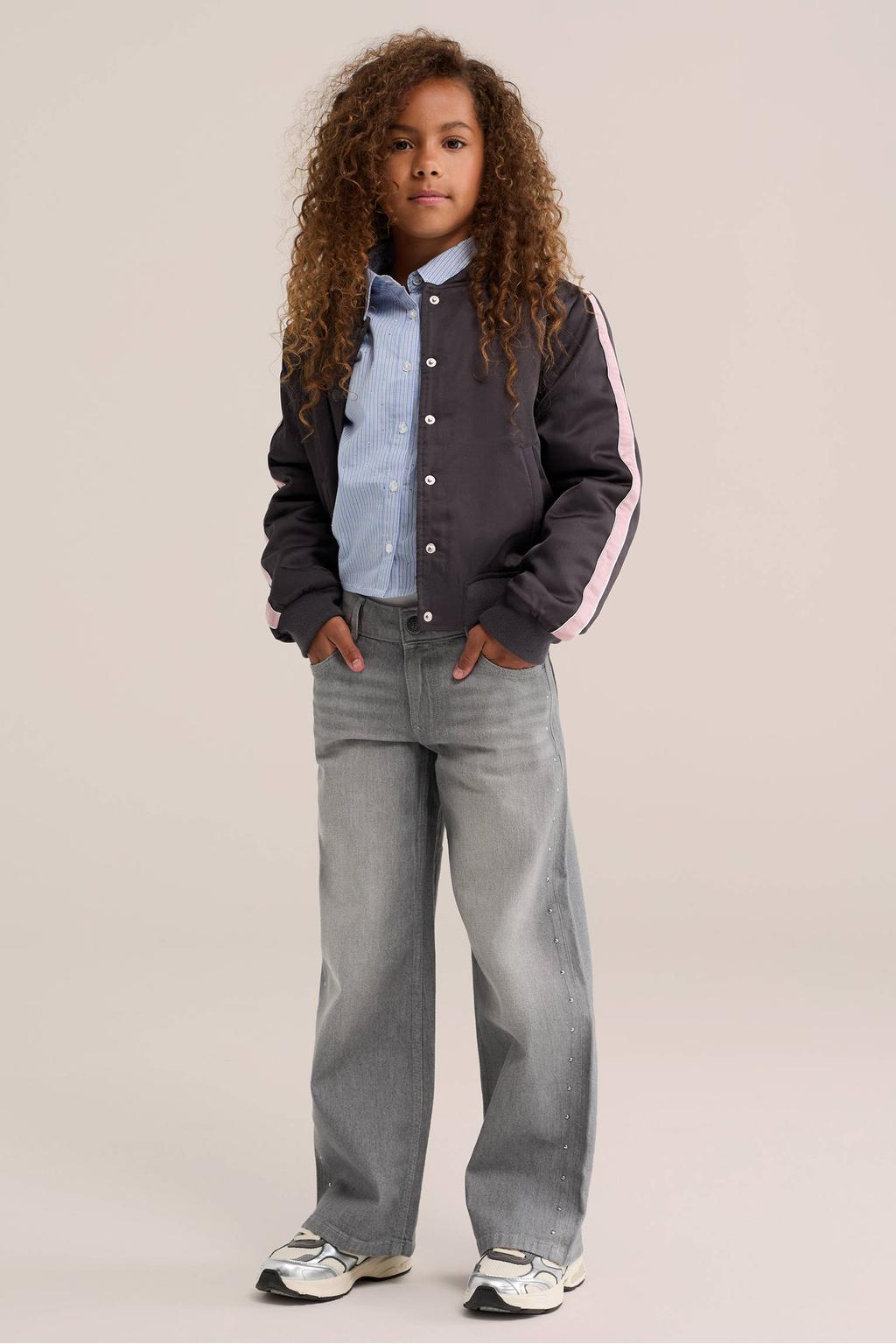 Grey denim meisjes WE Fashion wide leg jeans van denim met rits- en knoopsluiting en effen