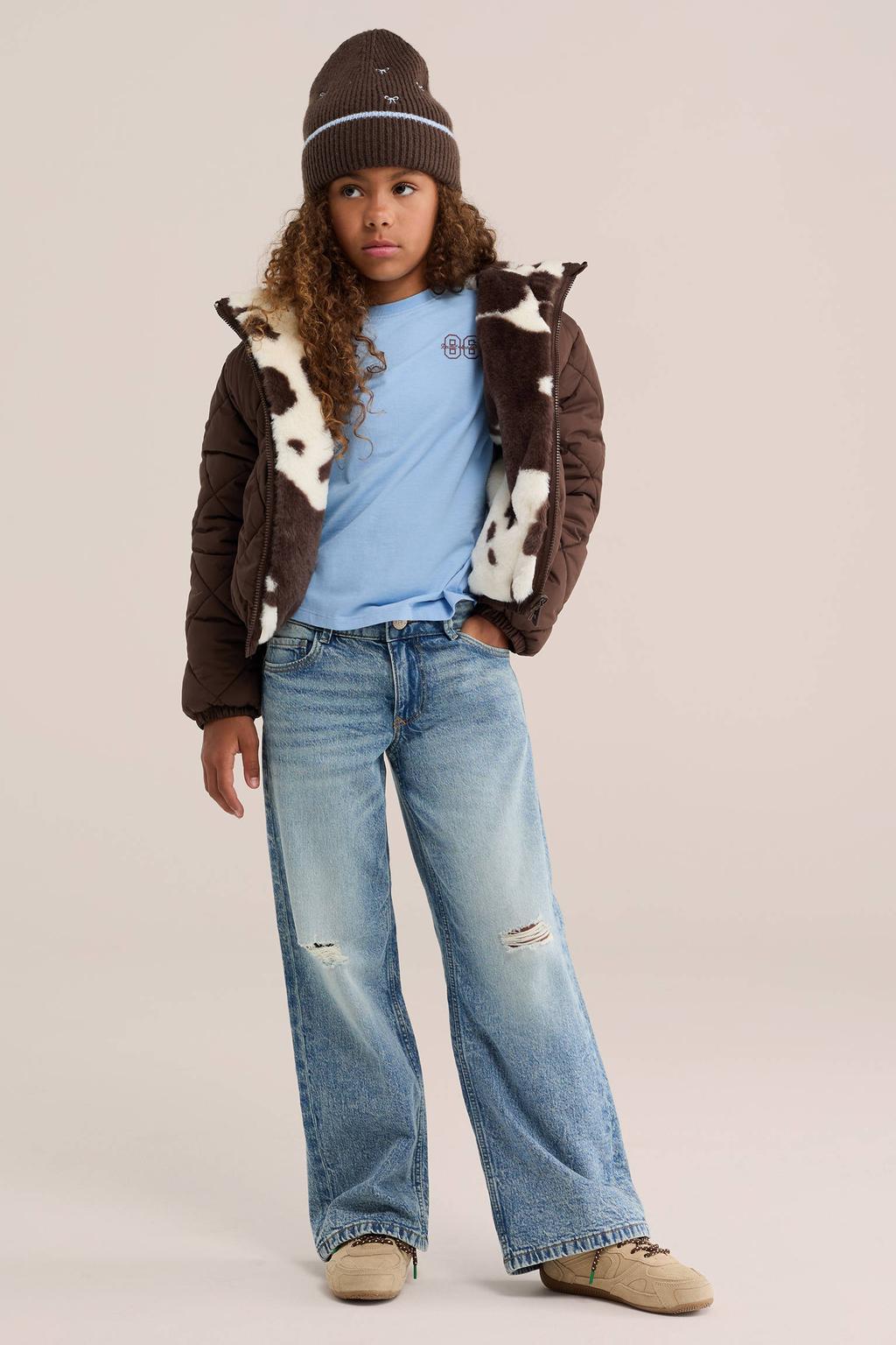 Medium blue denim meisjes WE Fashion Blue Ridge wide leg jeans van denim met rits- en knoopsluiting en effen