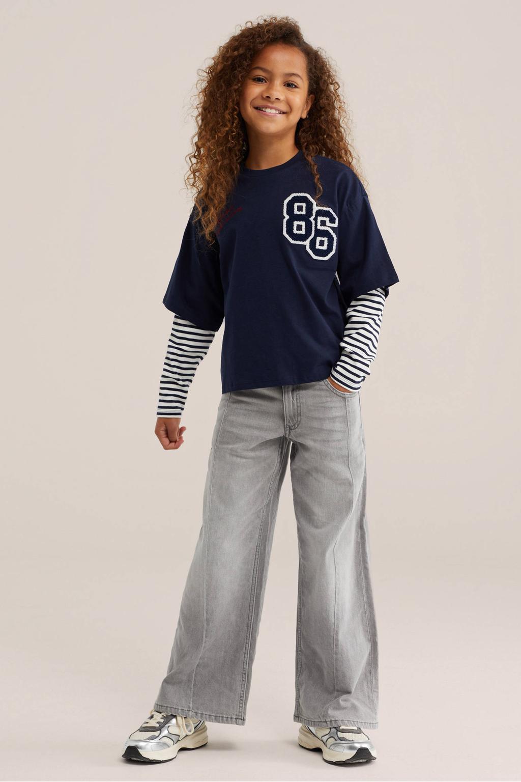Grey denim meisjes WE Fashion wide leg jeans van denim met rits- en knoopsluiting en effen