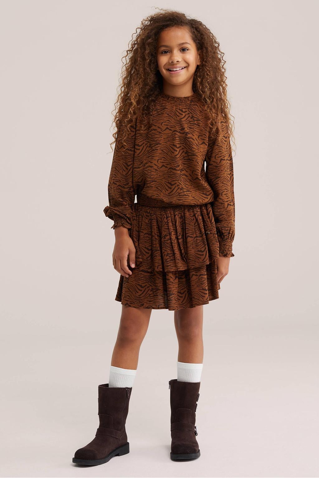 Camel en bruine meisjes WE Fashion korte rok met ruches en zebraprint voorzien van