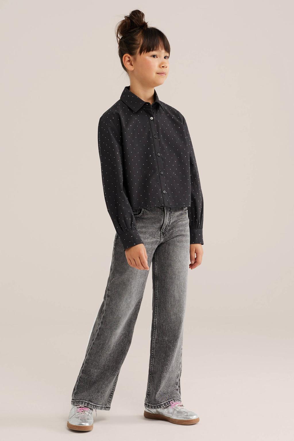 Zwarte meisjes WE Fashion blouse van katoen met effen, lange mouwen, klassieke kraag, knoopsluiting en strass steentjes