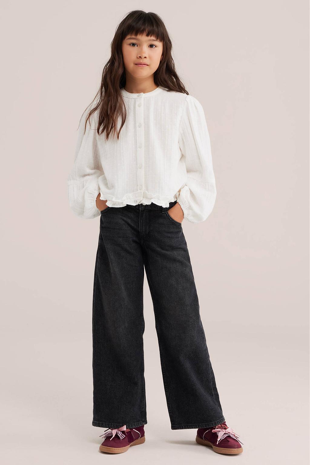 Ecru meisjes WE Fashion blouse van katoen met effen, lange mouwen, ronde hals, knoopsluiting en ruches