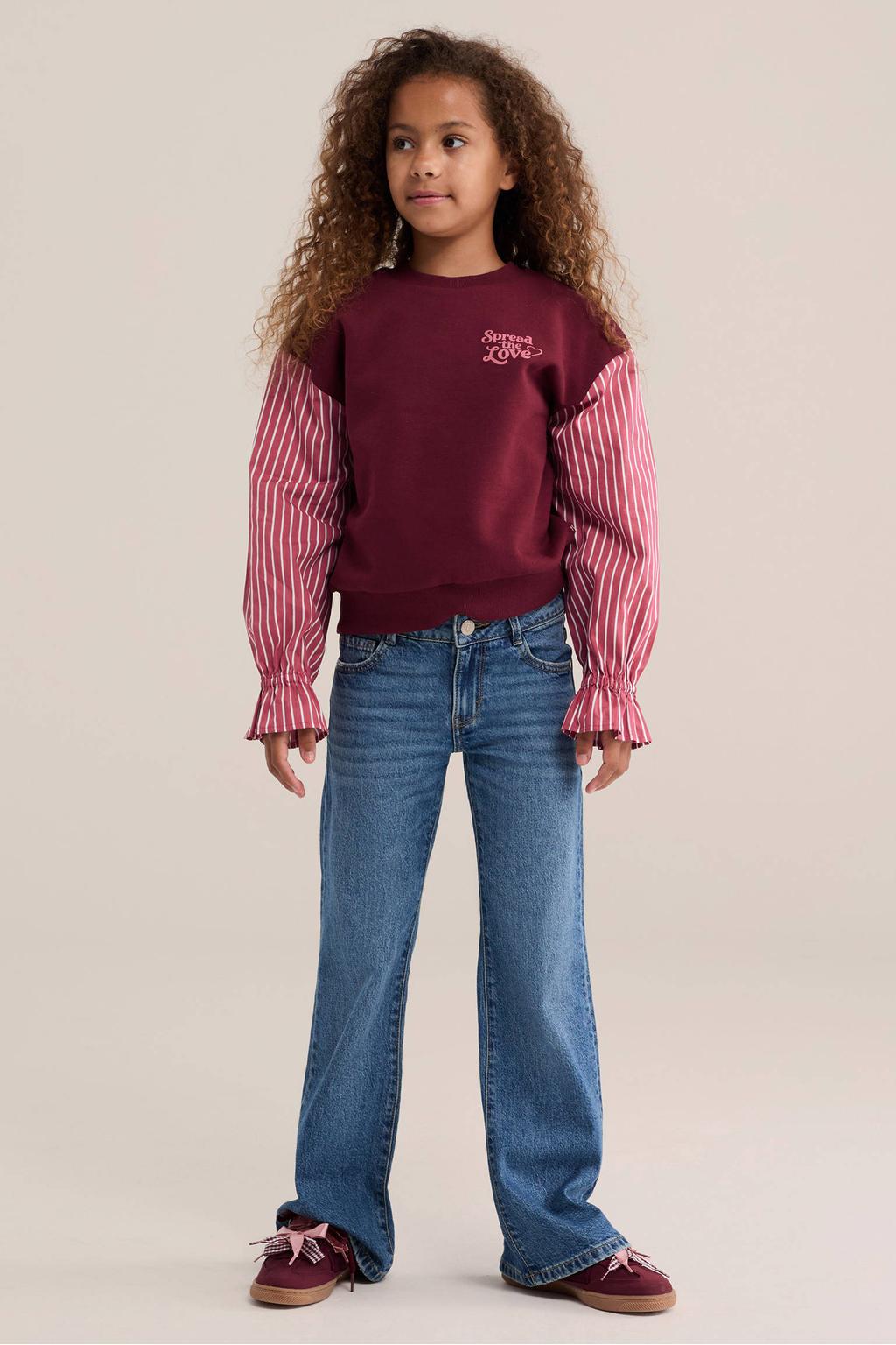 Donkerrode meisjes WE Fashion gestreepte sweater van katoen met lange mouwen, ronde hals en ruches