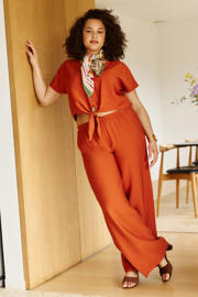 thumbnail: Terracottakleurige dames LOLALIZA wide leg regular waist broek van viscose met effen