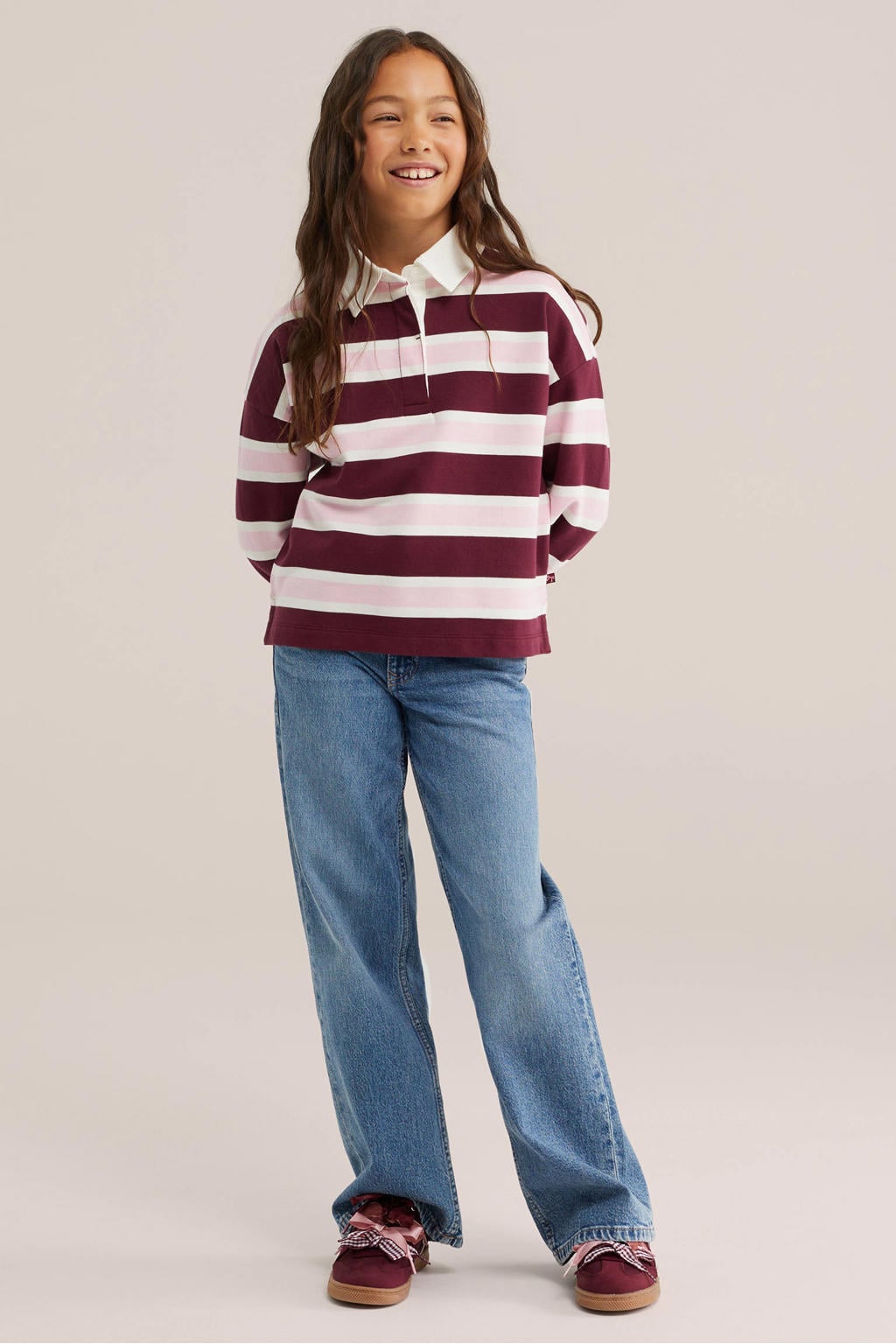 Donkerrood, roze en witte meisjes WE Fashion gestreepte longsleeve van bci katoen met lange mouwen en knoopsluiting