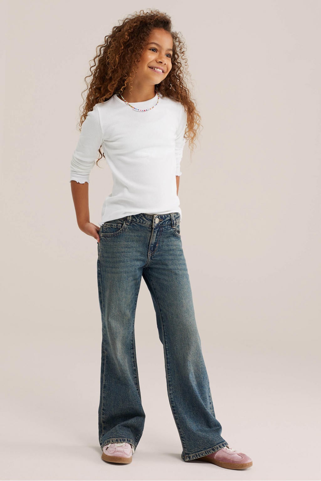 Witte meisjes WE Fashion longsleeve van stretchkatoen met effen, lange mouwen, ronde hals en rib gebreide details