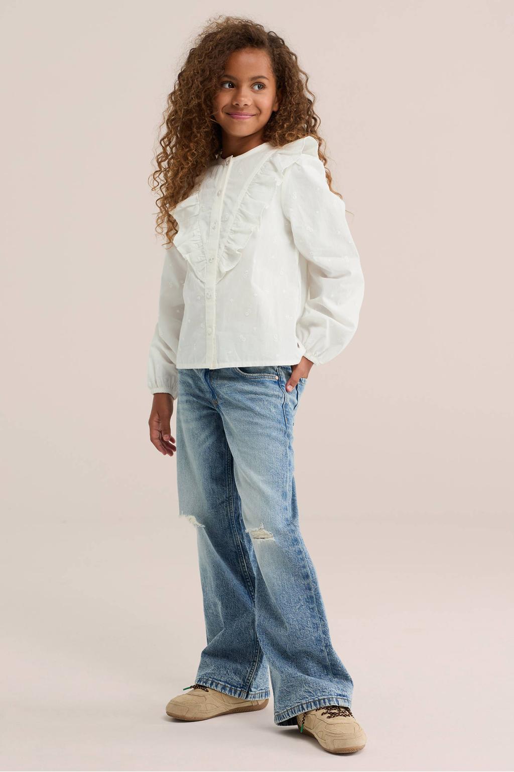 Ecru meisjes WE Fashion blouse van katoen met effen, lange mouwen, ronde hals, knoopsluiting en borduursels