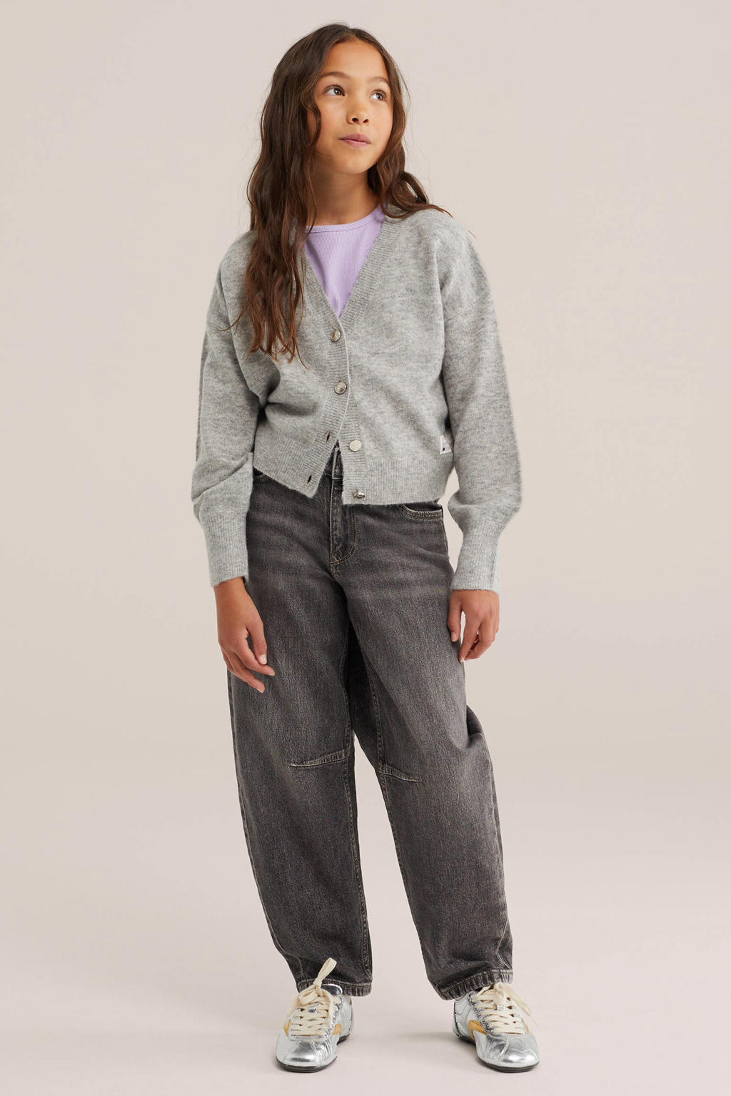 Grijs melange meisjes WE Fashion gebreide vest met effen, lange mouwen, V-hals en knoopsluiting