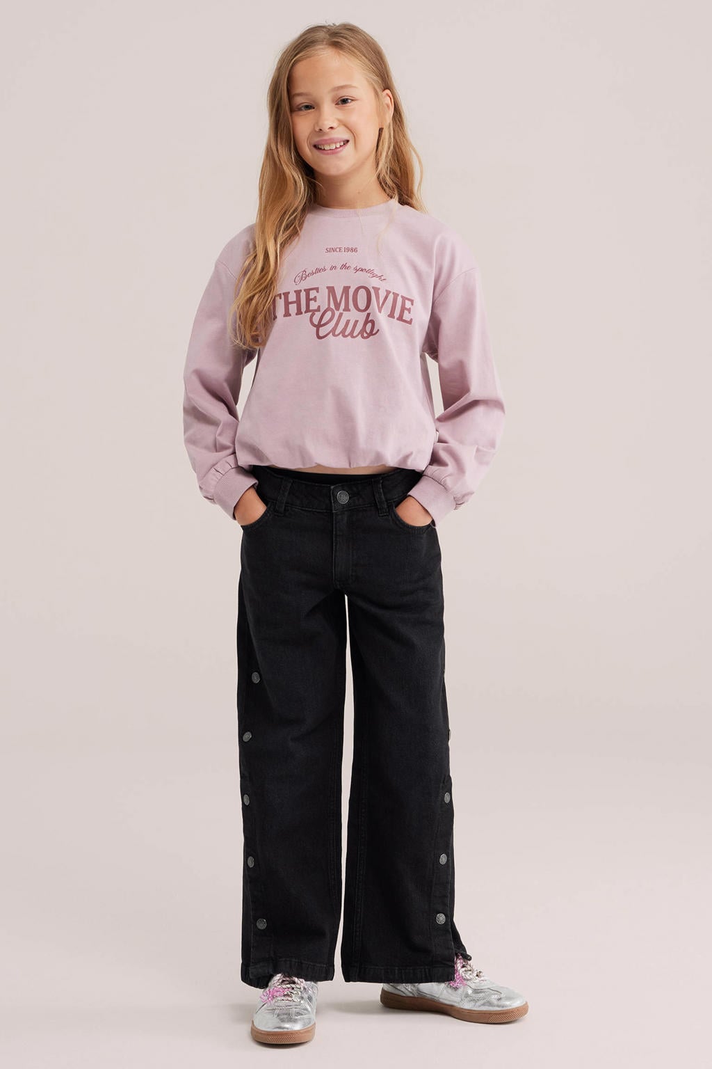 Black denim meisjes WE Fashion wide leg jeans black van denim met rits- en knoopsluiting en effen