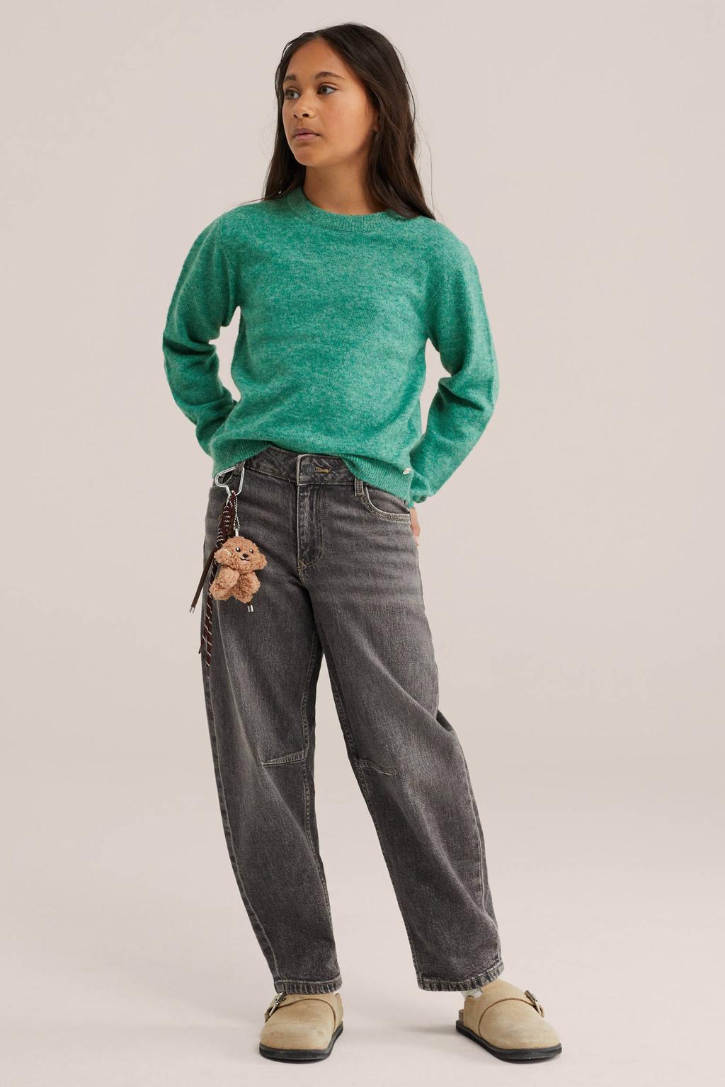 Groene meisjes WE Fashion gebreide trui van polyester met effen, lange mouwen en ronde hals