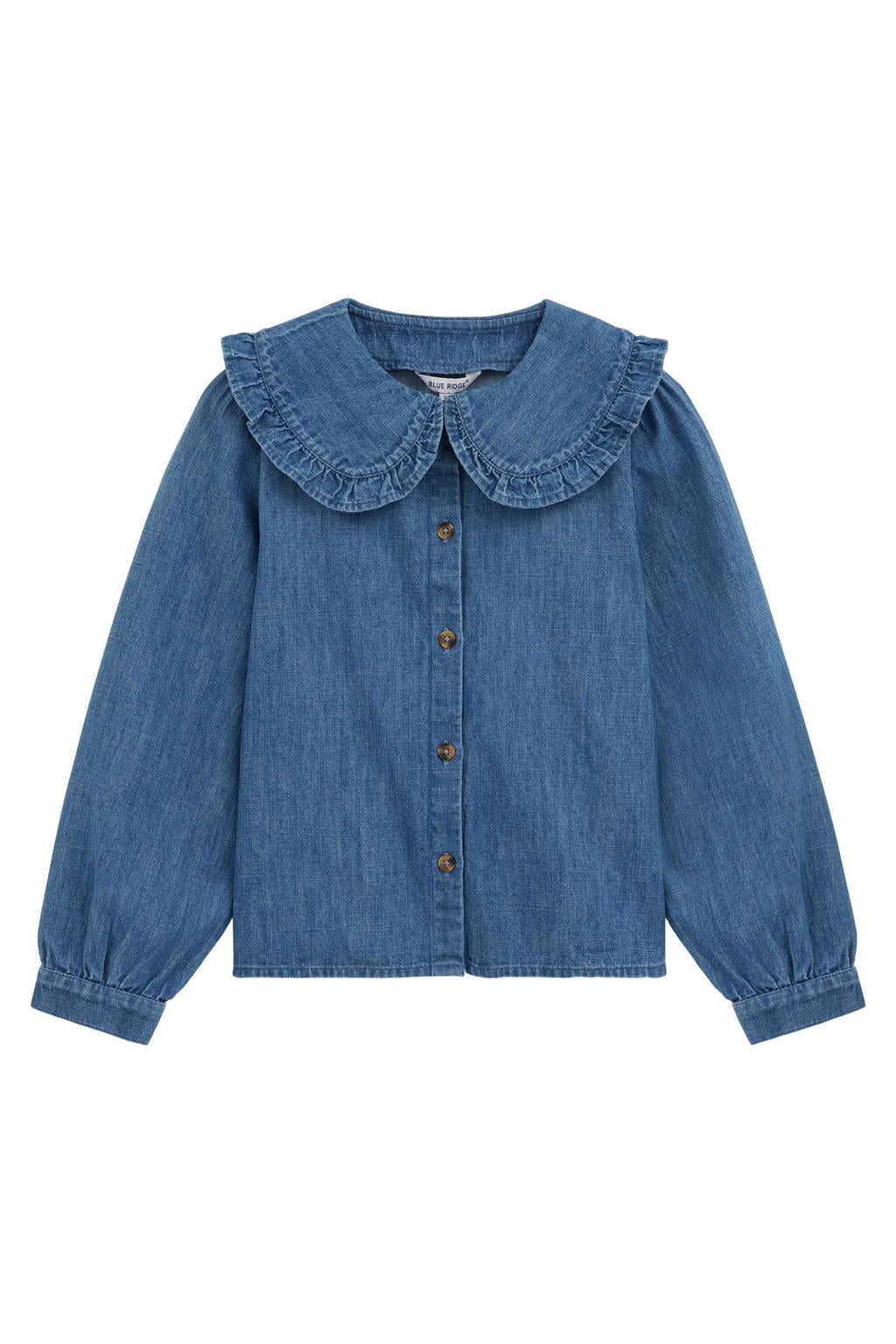 Medium blue denim meisjes WE Fashion blouse mediumblauw van denim met effen, lange mouwen, peter pan-kraag en knoopsluiting
