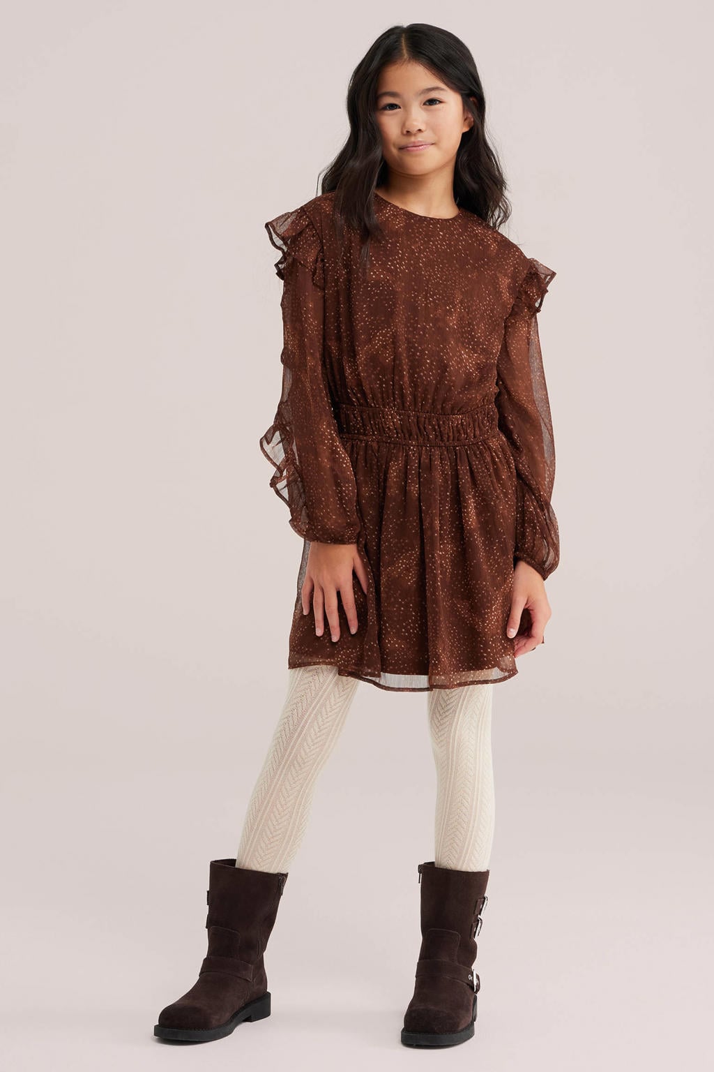 WE Fashion korte jurk met ruches en print - bruin/ecru