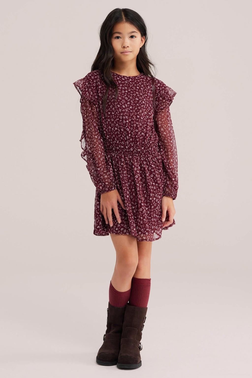 WE Fashion korte jurk met ruches - donkerrood/ecru
