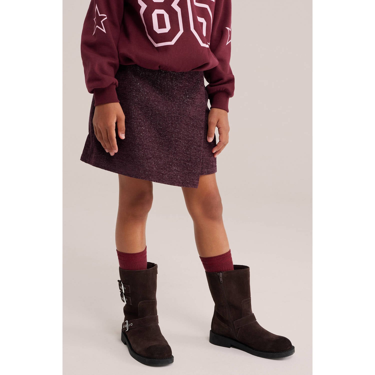 WE Fashion tweed korte rok met glitters donkerrood