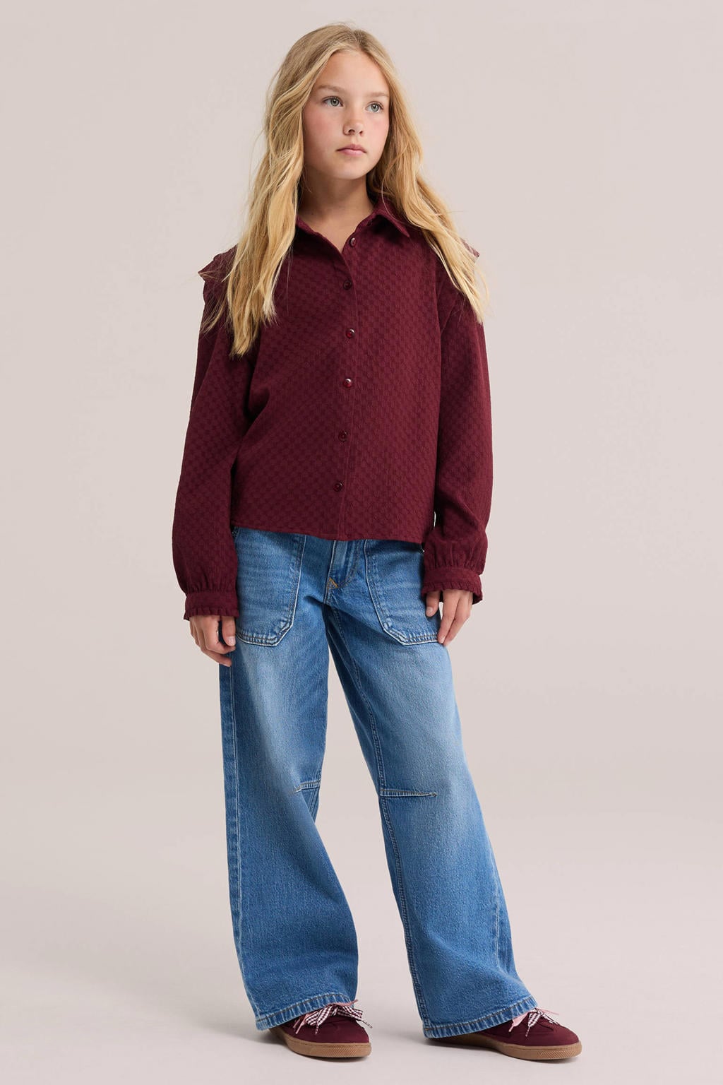 Donkerrode meisjes WE Fashion blouse en print van polyester met lange mouwen, klassieke kraag, knoopsluiting en ruches