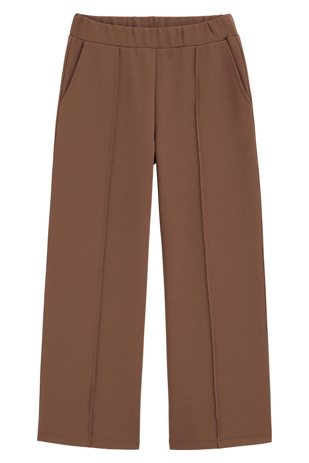 Bruine meisjes WE Fashion loose fit pantalon van polyester met elastische tailleband en effen