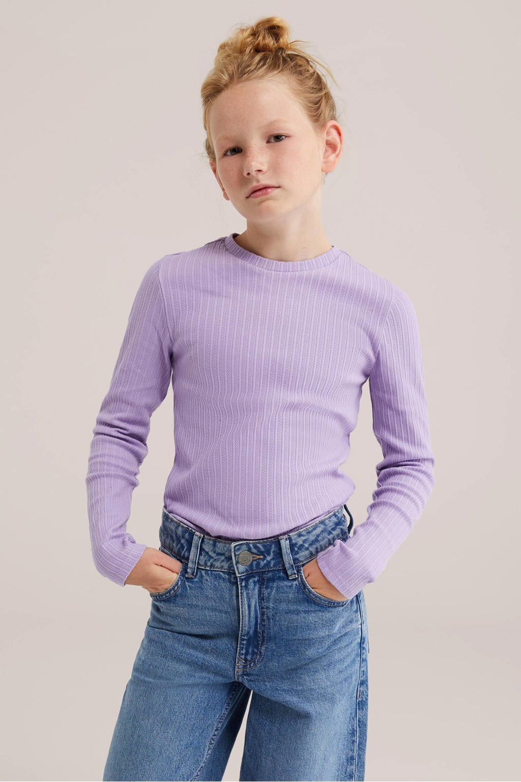Lilakleurige meisjes WE Fashion gebreide longsleeve van katoen met effen, lange mouwen en ronde hals