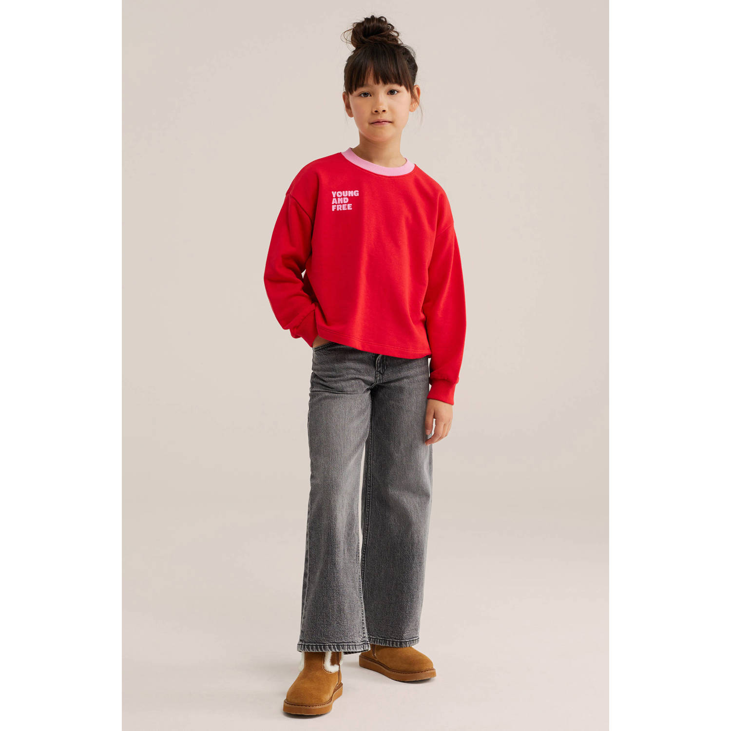 WE Fashion sweater met tekst rood lichtroze
