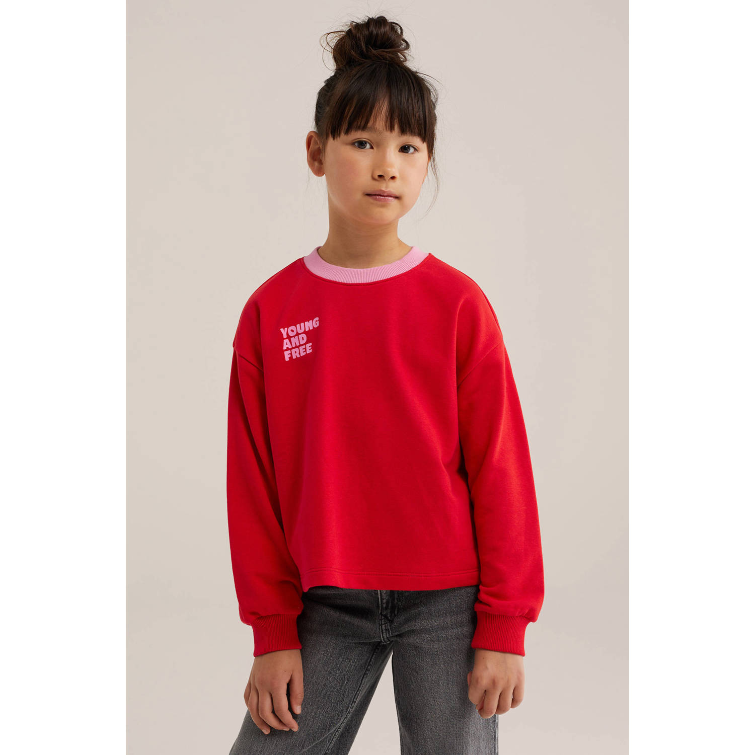WE Fashion sweater met tekst rood lichtroze