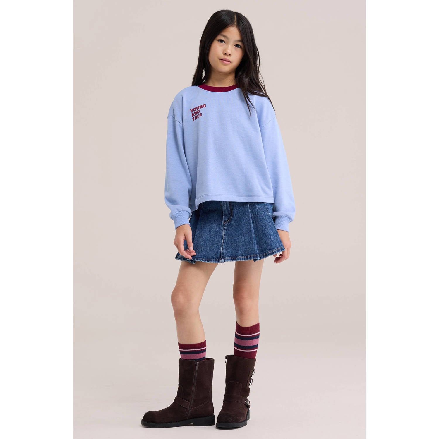 WE Fashion sweater met tekst lichtblauw donkerrood