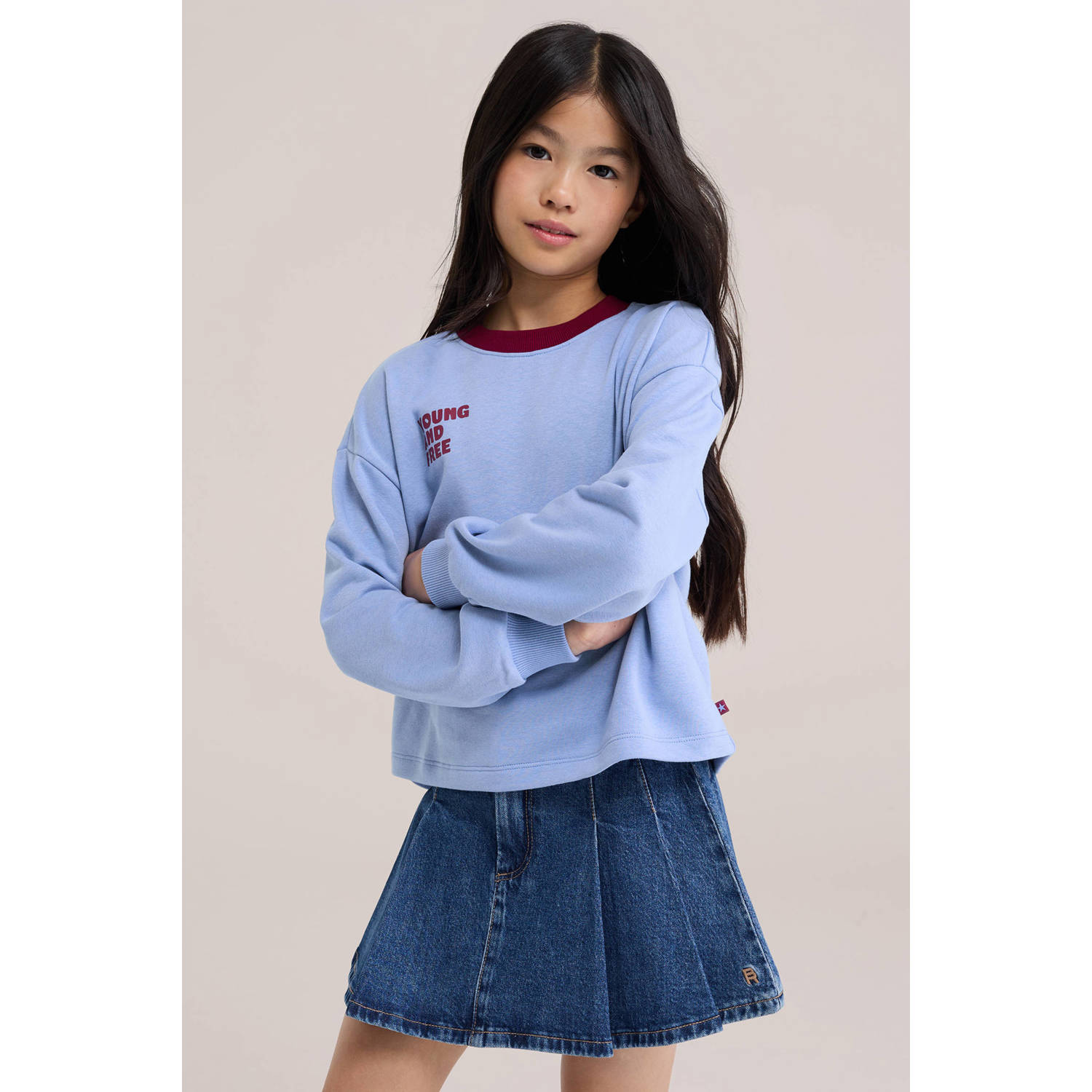 WE Fashion sweater met tekst lichtblauw donkerrood